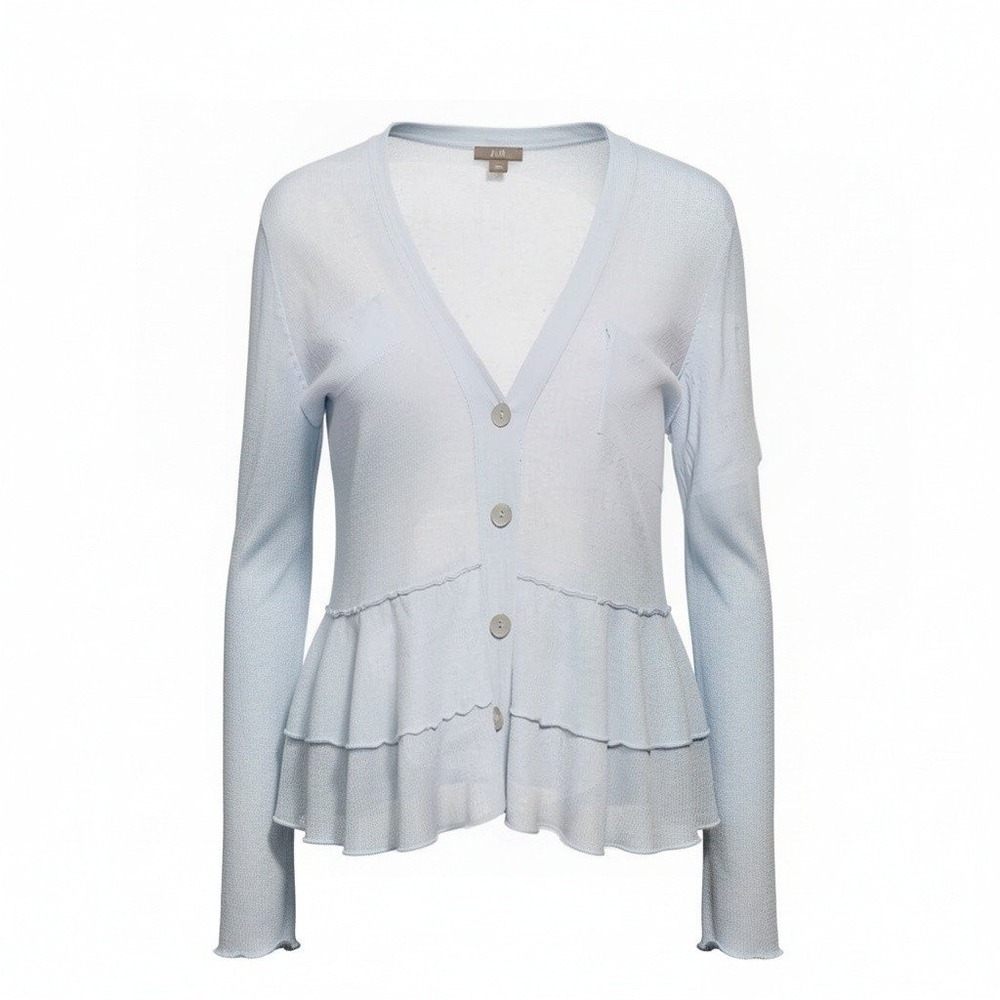 J.Jill Peplum Ruffle Cardigan Womens S Blue Linen Rayon V-Neck Button Front